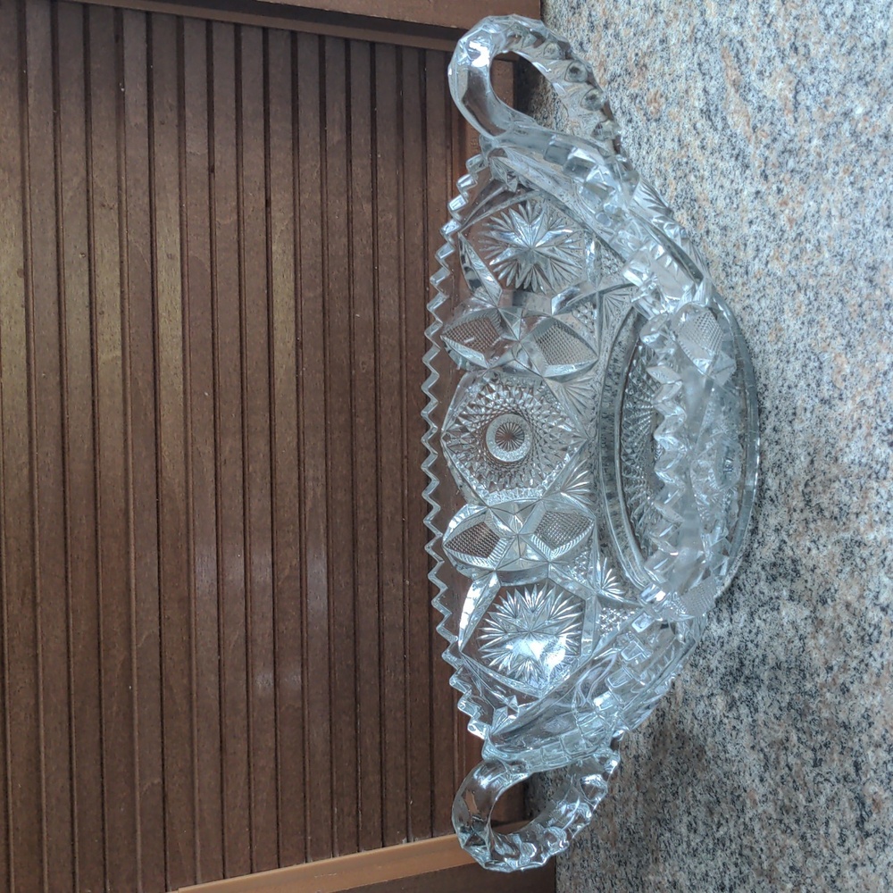 Antique American Nucut Glass Oval Bowl Dish Sawtooth Rim Hobstar Vintage